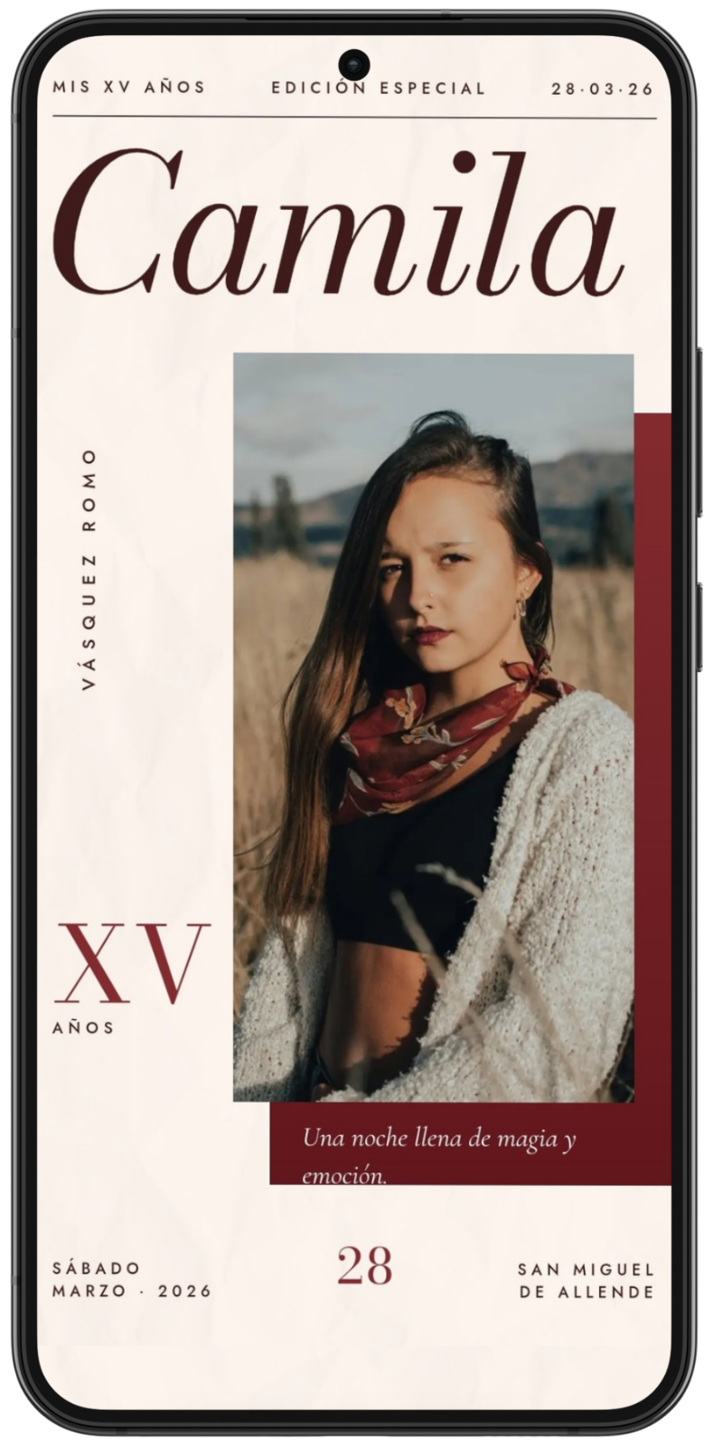 Invitación digital de XV años, diseño Q01: rosa con flores blancas